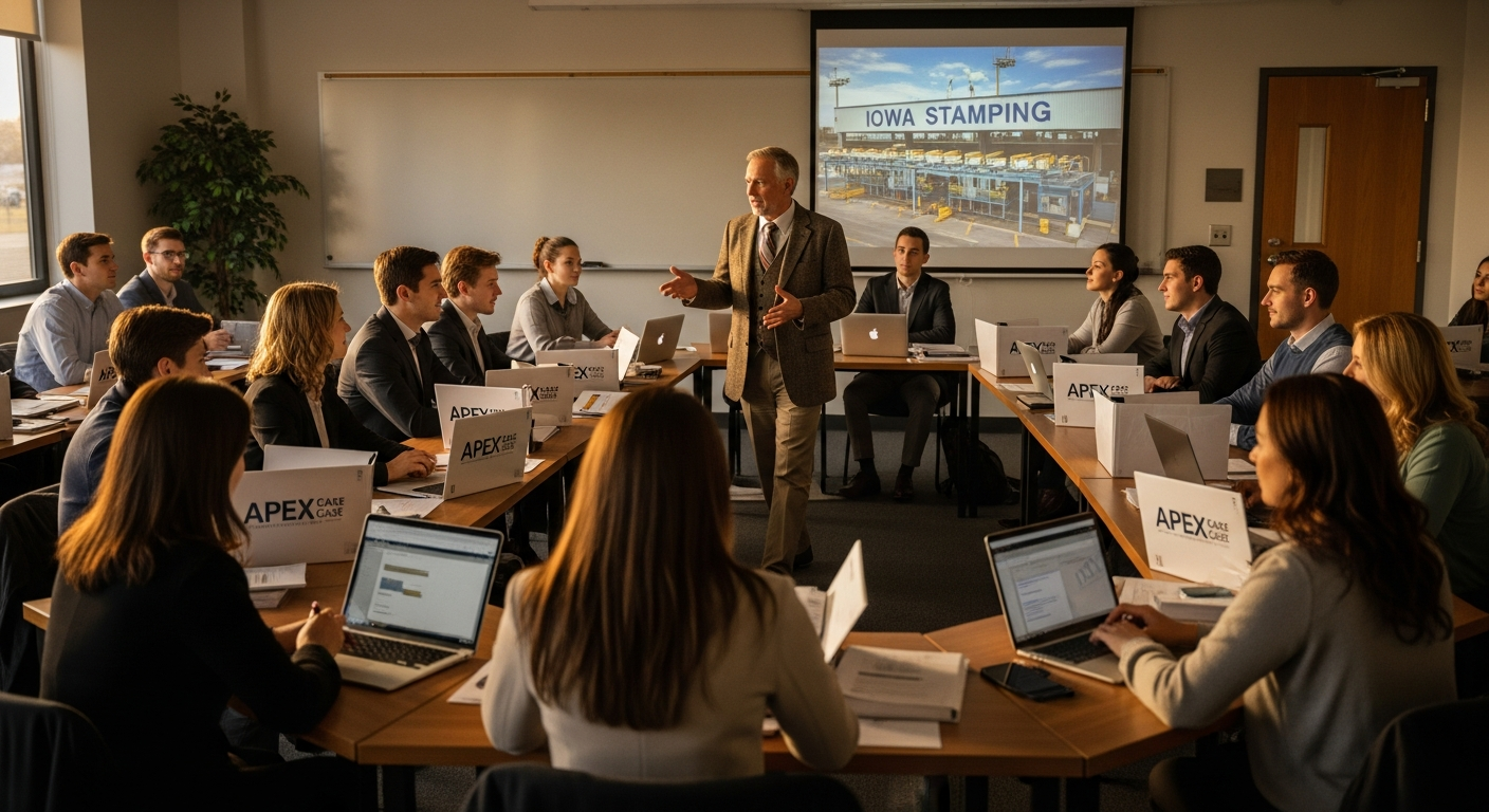A founder at a desk with a yellow legal pad in an empty seminar room.