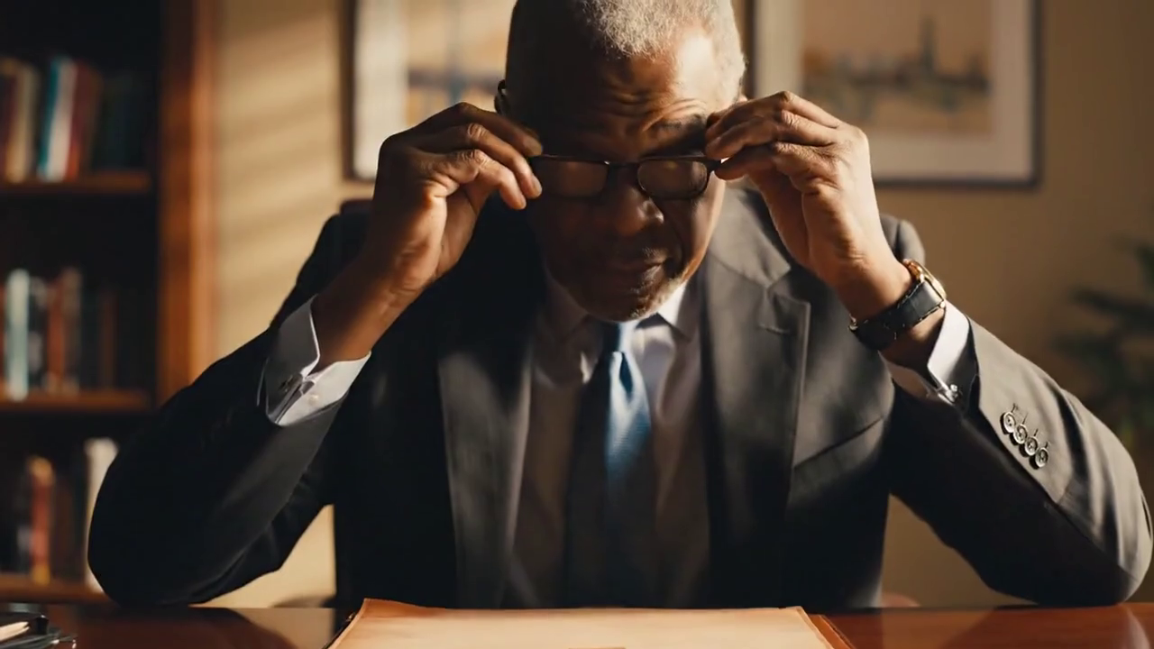 A gray-haired executive lifts a pair of glasses toward his face on the Apex Manufacturing plant floor.