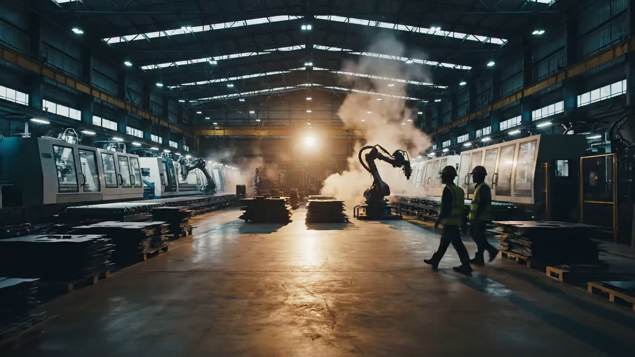 Dark Apex Manufacturing plant floor under amber pool lights at 3 a.m.
